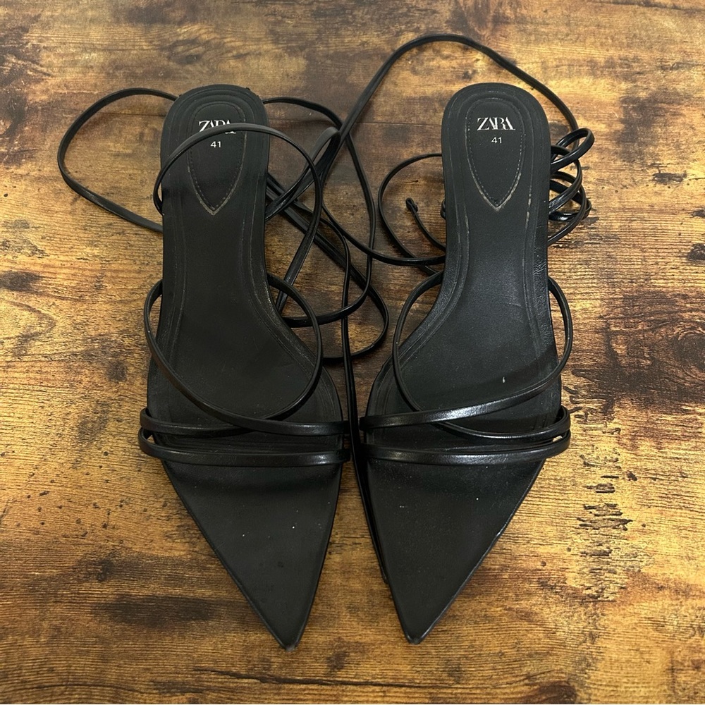 Zara Elegant Black Strappy lace up kitten Heels